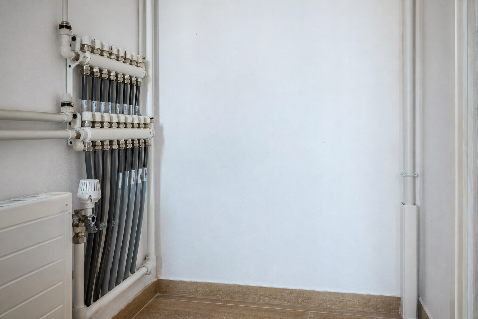 Neat plastic pipework and separated electrical routing in a utility space