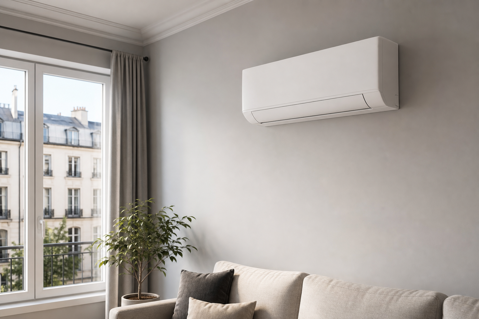 Wall-mounted split air conditioner in a modern living room