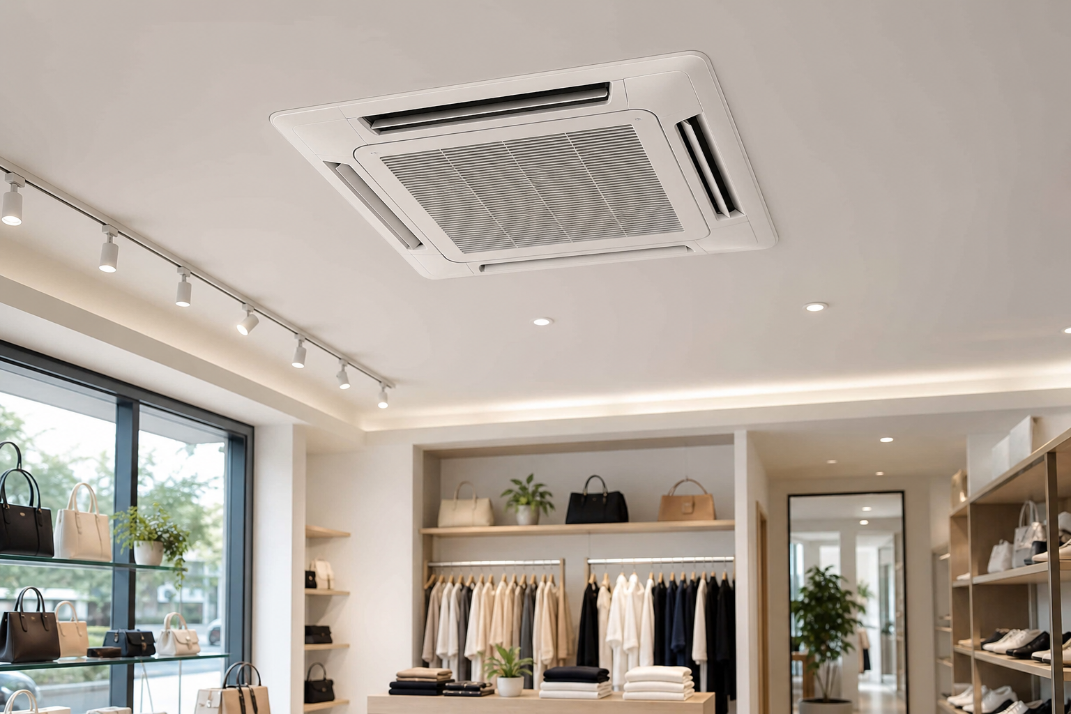 Ceiling cassette air conditioner in a retail shop