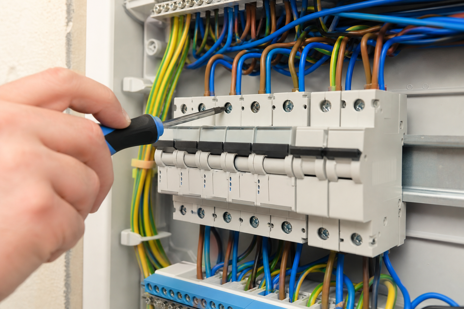 Electrician connecting cables to circuit breaker terminals in a consumer unit