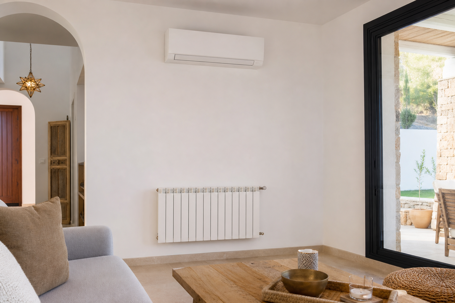 Wall-mounted air conditioning unit installed high above a radiator in a modern living room