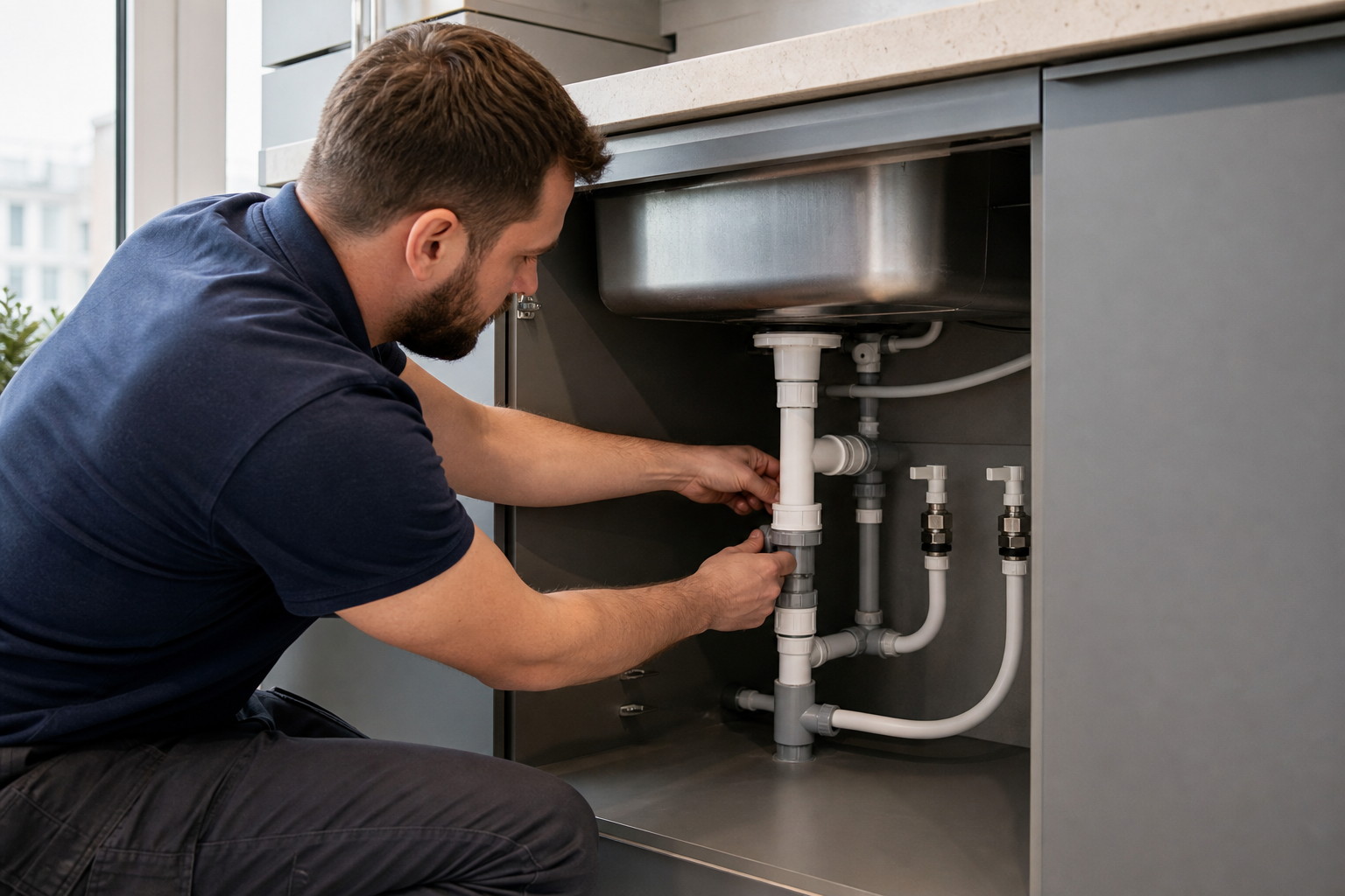 Plumber installing modern plastic pipework under a kitchen sink