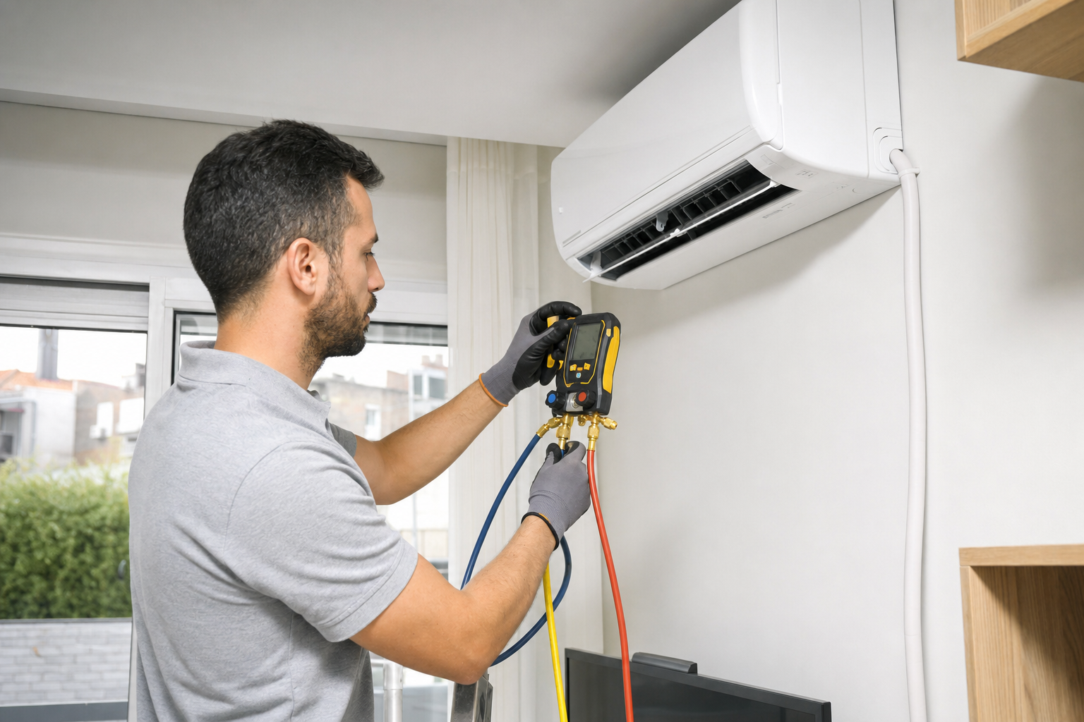 Technician commissioning a split air conditioner with digital gauges and condensate drain checked