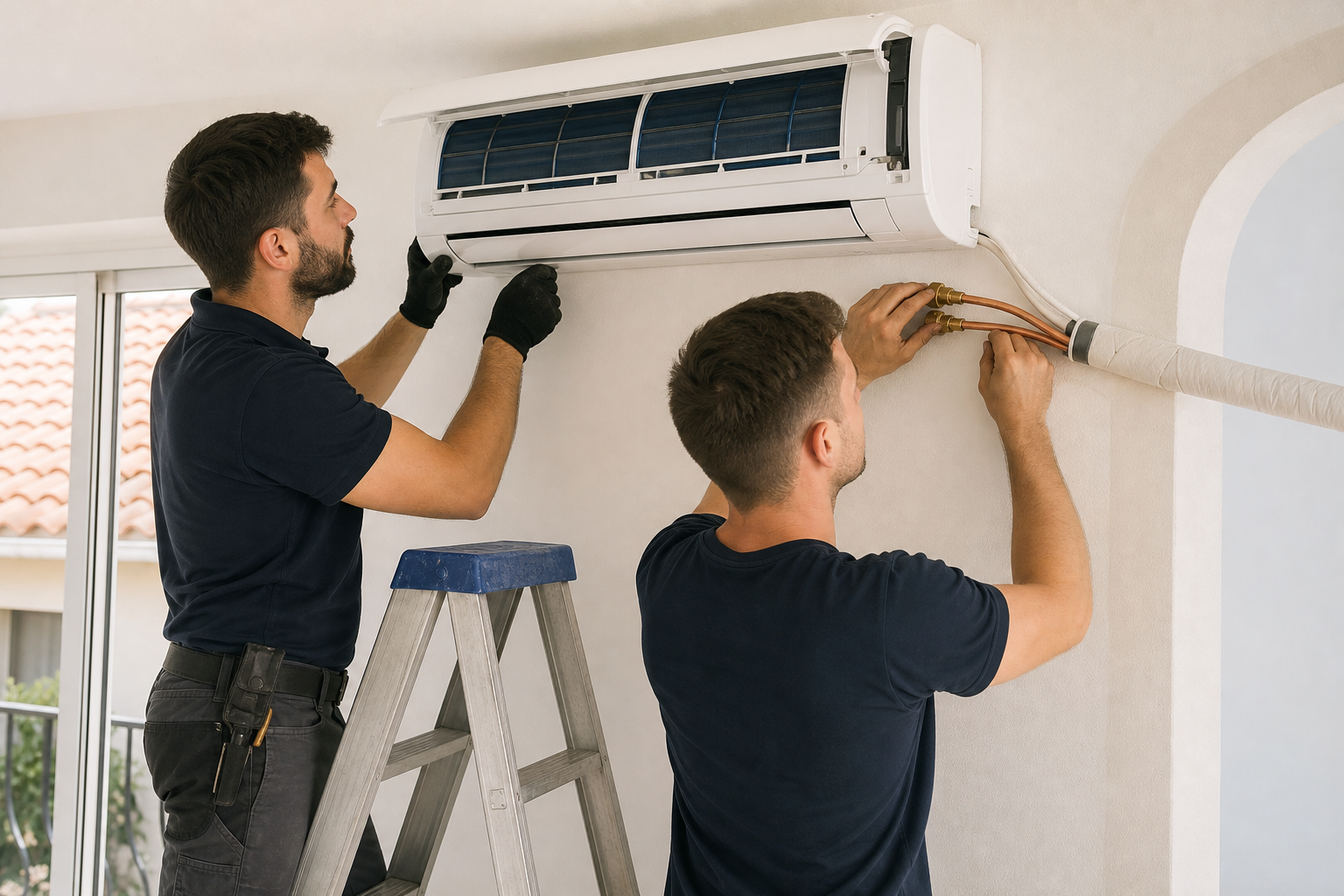 Technicians installing air conditioning during a coordinated site visit