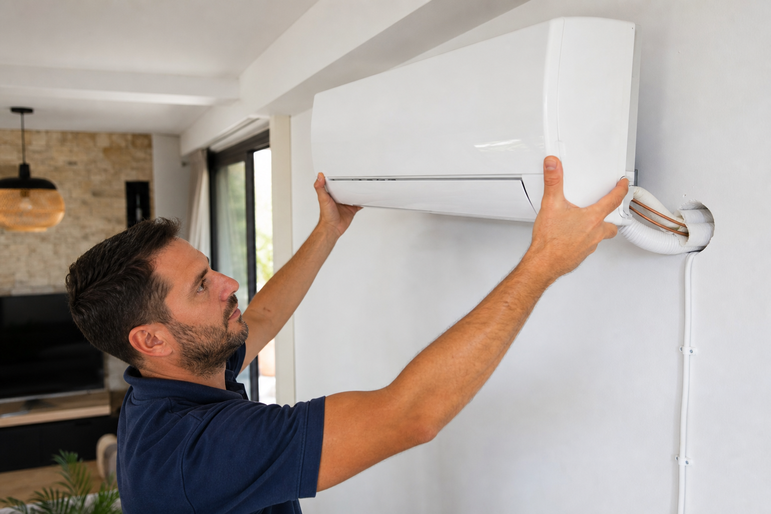 Technician mounting a split AC unit with refrigerant lines and condensate drain routed through the wall