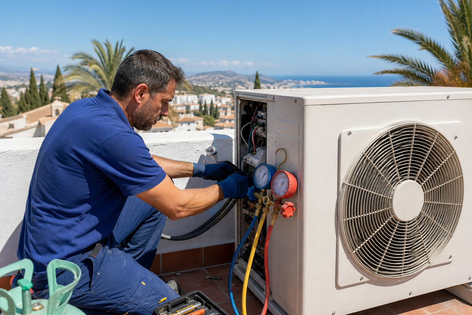 Technician servicing an outdoor air conditioning unit