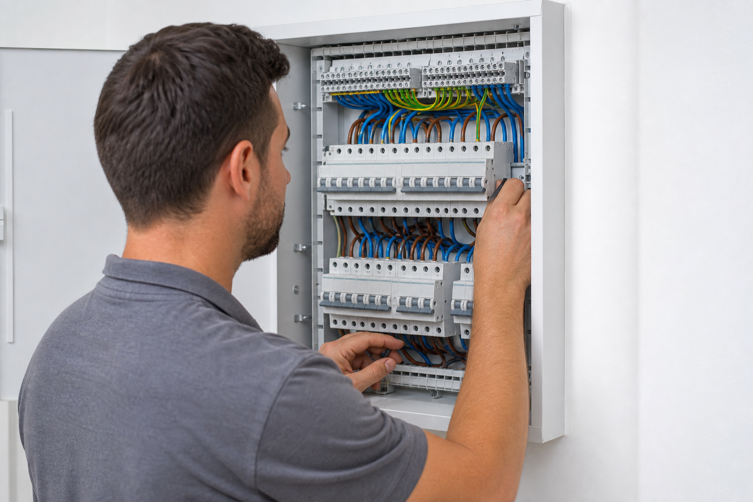 Electrician working on a modern consumer unit with neatly routed cables