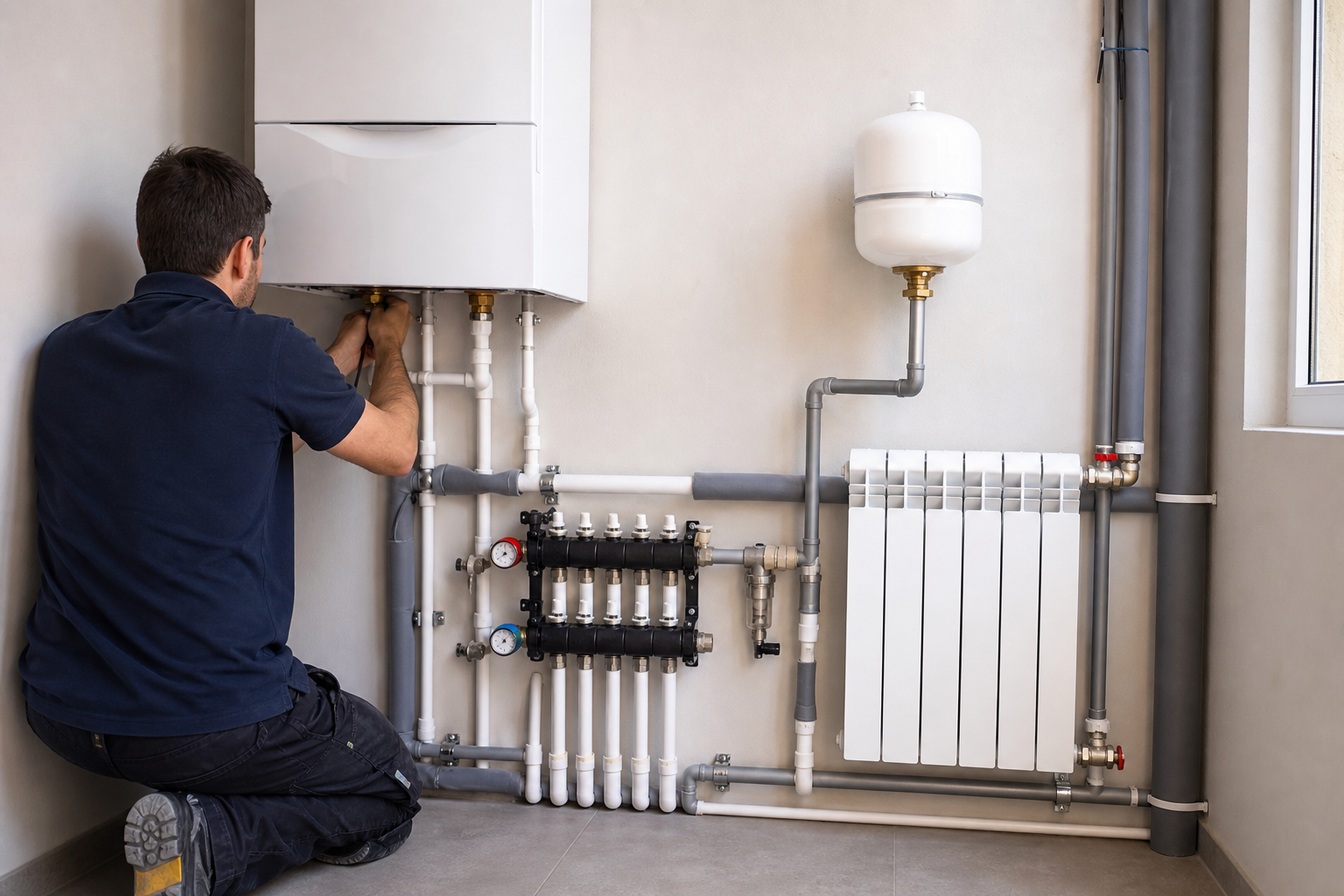 Technician connecting a boiler and radiator with plastic heating pipework