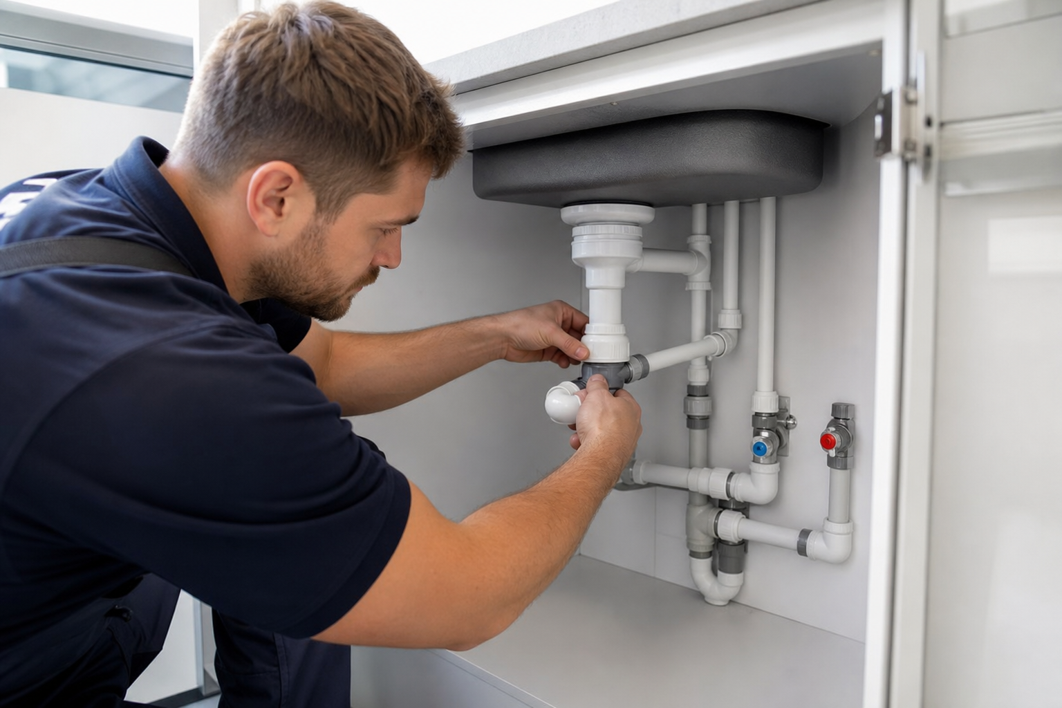 Plumber installing modern plastic pipework under a kitchen sink